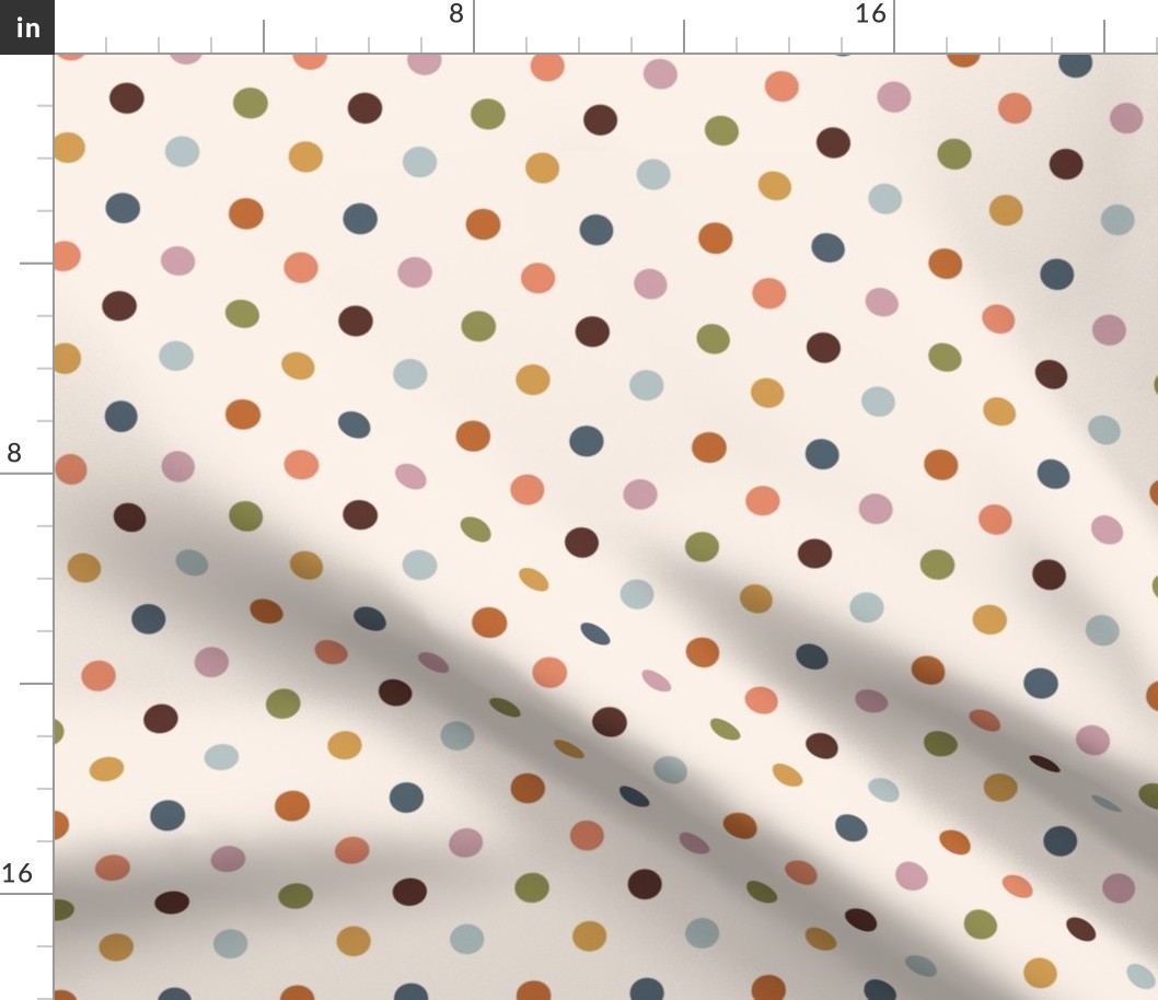 Classic Fall polka dots tossed in burnt orange, lilac, olive green, mustard for quilting, bedding and kids - Large Scale