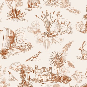 Texas Toile, Big Bend National Park, Terracotta, LARGE 24", STRAIGHT REPEAT, bear cougar Southwest french country cactus hidden pictures