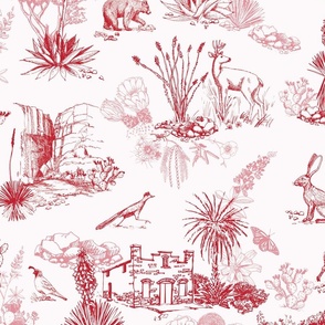 Texas Toile, Big Bend National Park, Red, LARGE 24" STRAIGHT REPEAT, bear cougar Southwest french country cactus hidden pictures