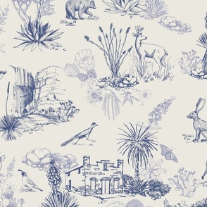 Texas Toile, Big Bend National Park, Denim, LARGE 24", STRAIGHT REPEAT, bear cougar Southwest french country cactus hidden pictures