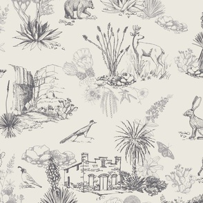 Texas Toile, Big Bend National Park, Gray, LARGE 24", STRAIGHT REPEAT, bear cougar Southwest french country cactus hidden pictures