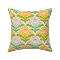 Vintage Fan Garden florals in  Mint green and Bright  Marigold Yellow