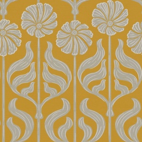 Art Deco Chic: Soft Grey Flowers On Mustard Yellow - large scale