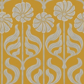 Art Deco Chic: Soft Grey Flowers On Mustard Yellow - medium scale