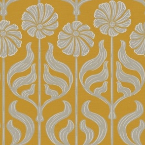 Art Deco Chic: Soft Grey Flowers On Mustard Yellow - small scale