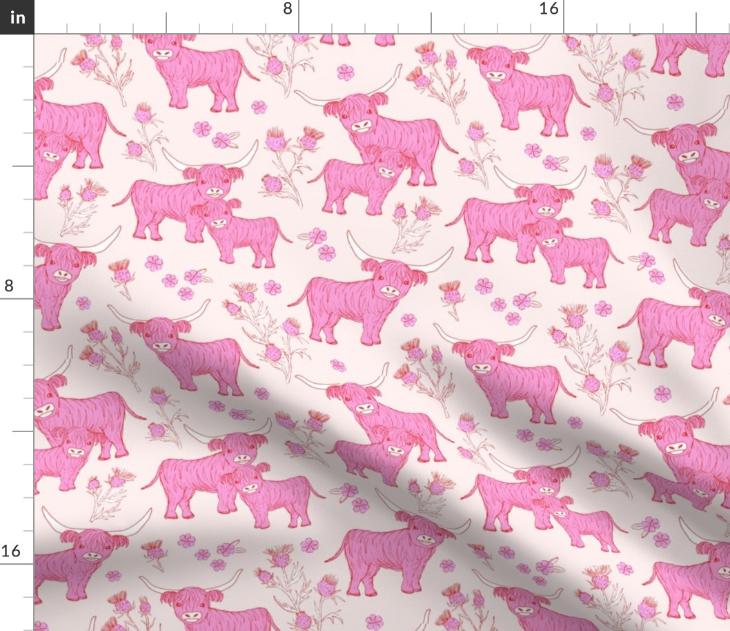 Sweet cutesy highland cows in a lush spring garden -  longhorn and thistles ranch  wild animal design pink on ivory 