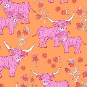 Sweet cutesy highland cows in a lush spring garden -  longhorn and thistles ranch  wild animal design  pink on orange 