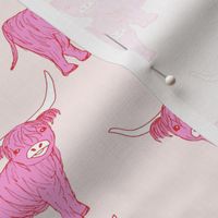 Summer highland cows -  longhorn mother and calf pink on ivory 