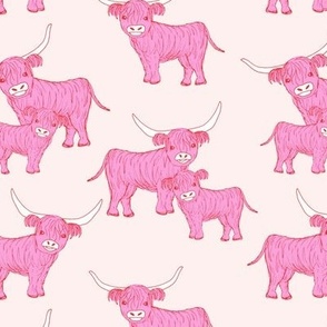 Summer highland cows -  longhorn mother and calf pink on ivory 