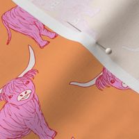 Summer highland cows -  longhorn mother and calf pink on orange 
