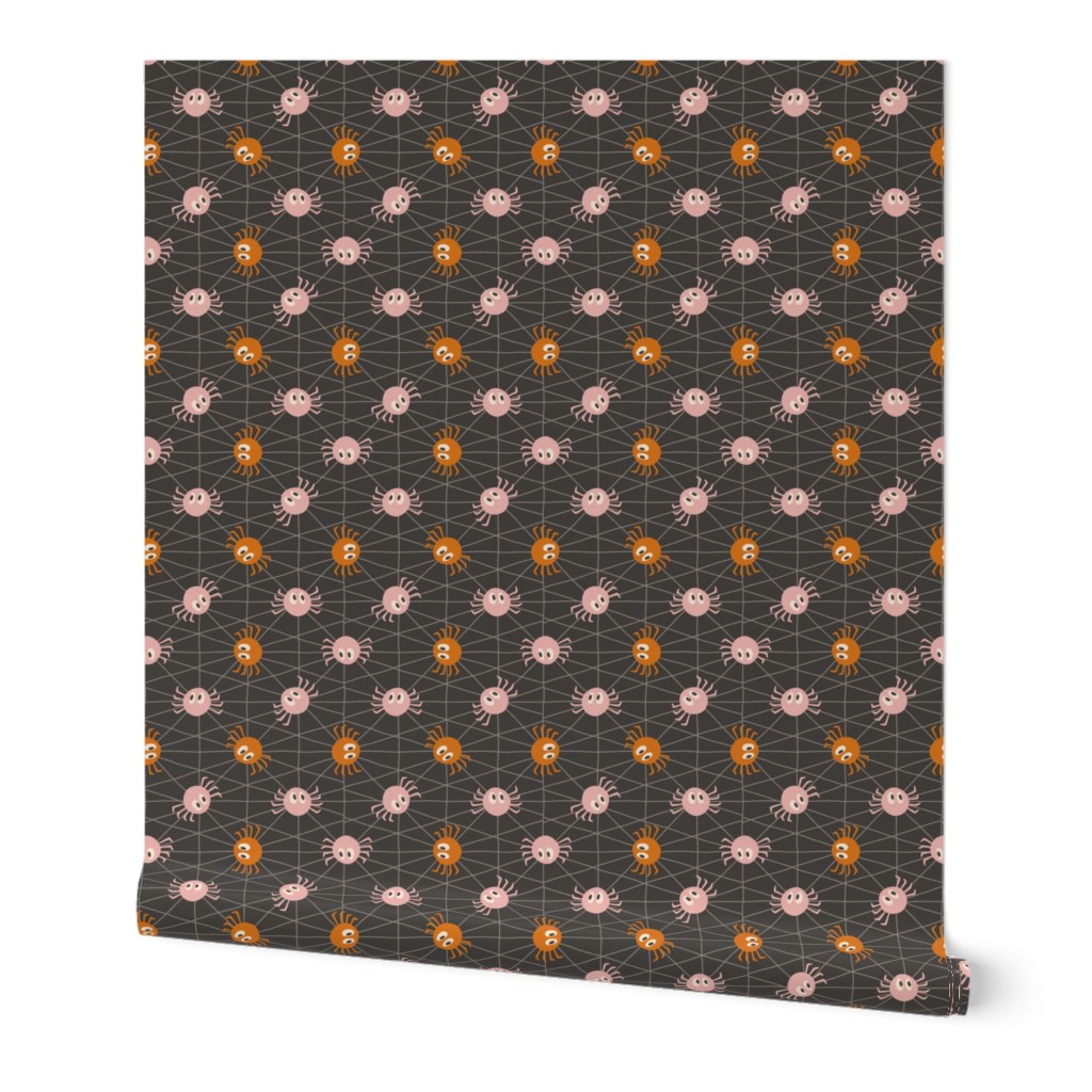 Cute spiders on dark gray brown with a spiderweb