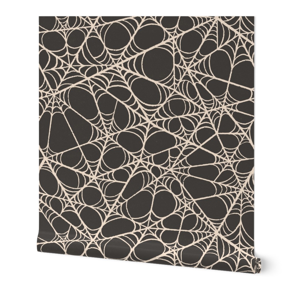 M. Creepy Halloween spiderweb Lace, cream white spiderweb lace on dark gray brown, medium scale