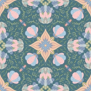 (m) Magic Flowers on Dark Green Blue- muted colors nature print