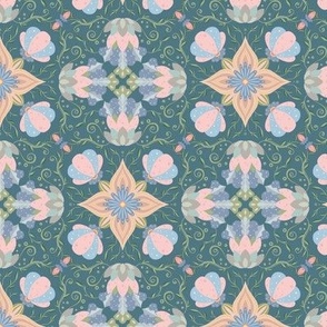 (s) Magic Flowers on Dark Green Blue - muted colors nature print