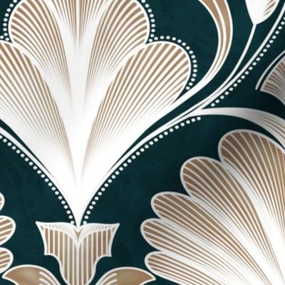 Midnight Green Modern Opulence - Art Deco Floral Fusion - Designed for Metallic Wallpaper! Florette Fan Flower Palmette with Metallic (White) Lines and Midnight Dark Green Textured  Background