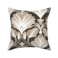 Walnut Brown Modern Opulence - Art Deco Floral Fusion - Designed for Metallic Wallpaper! Florette Fan Flower Palmette with Metallic (White) Lines and Walnut Brown Textured  Background
