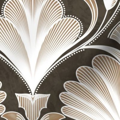 Walnut Brown Modern Opulence - Art Deco Floral Fusion - Designed for Metallic Wallpaper! Florette Fan Flower Palmette with Metallic (White) Lines and Walnut Brown Textured  Background