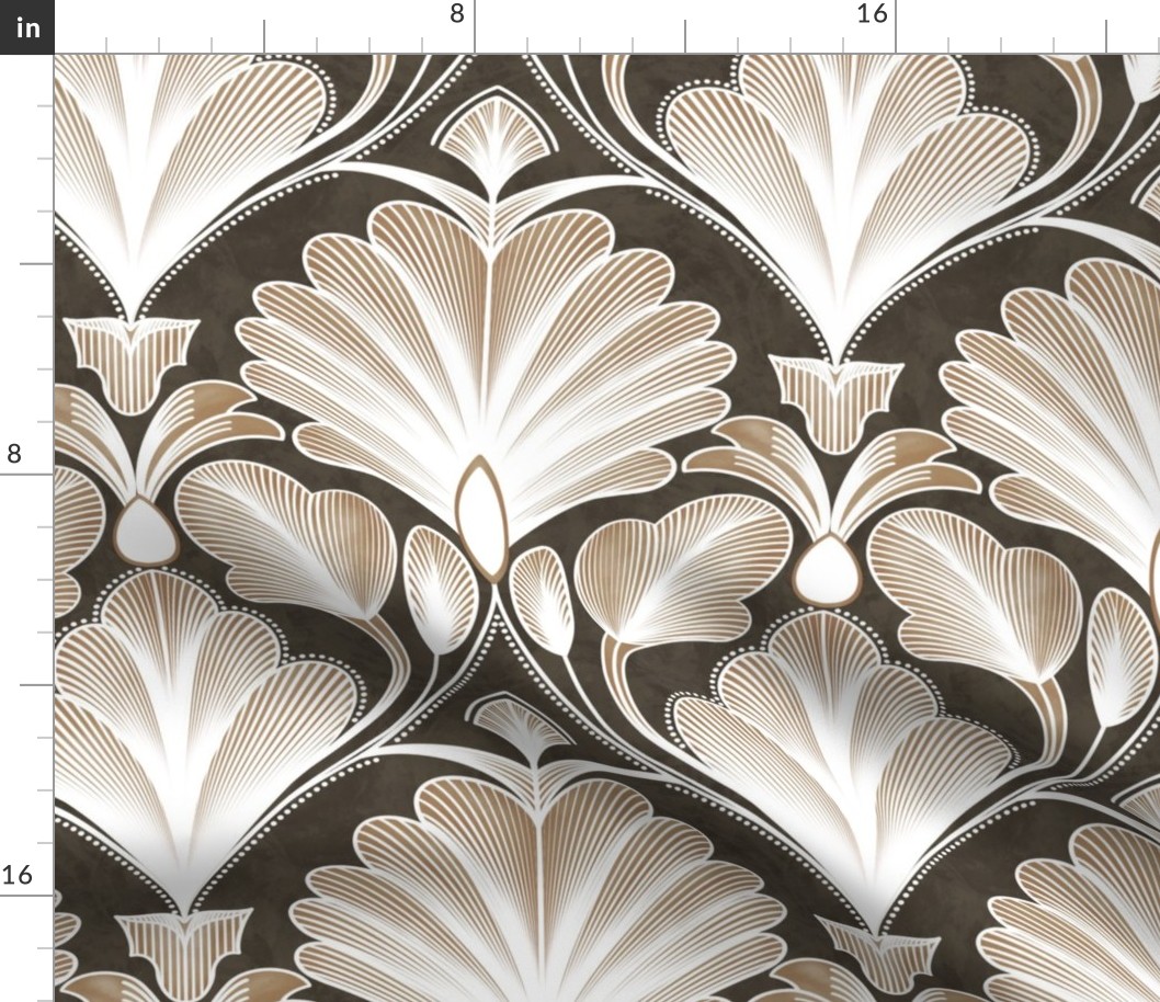 Walnut Brown Modern Opulence - Art Deco Floral Fusion - Designed for Metallic Wallpaper! Florette Fan Flower Palmette with Metallic (White) Lines and Walnut Brown Textured  Background