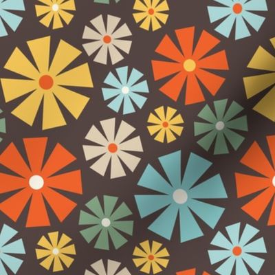 Retro Pinwheel Flowers - Charcoal Brown - Medium