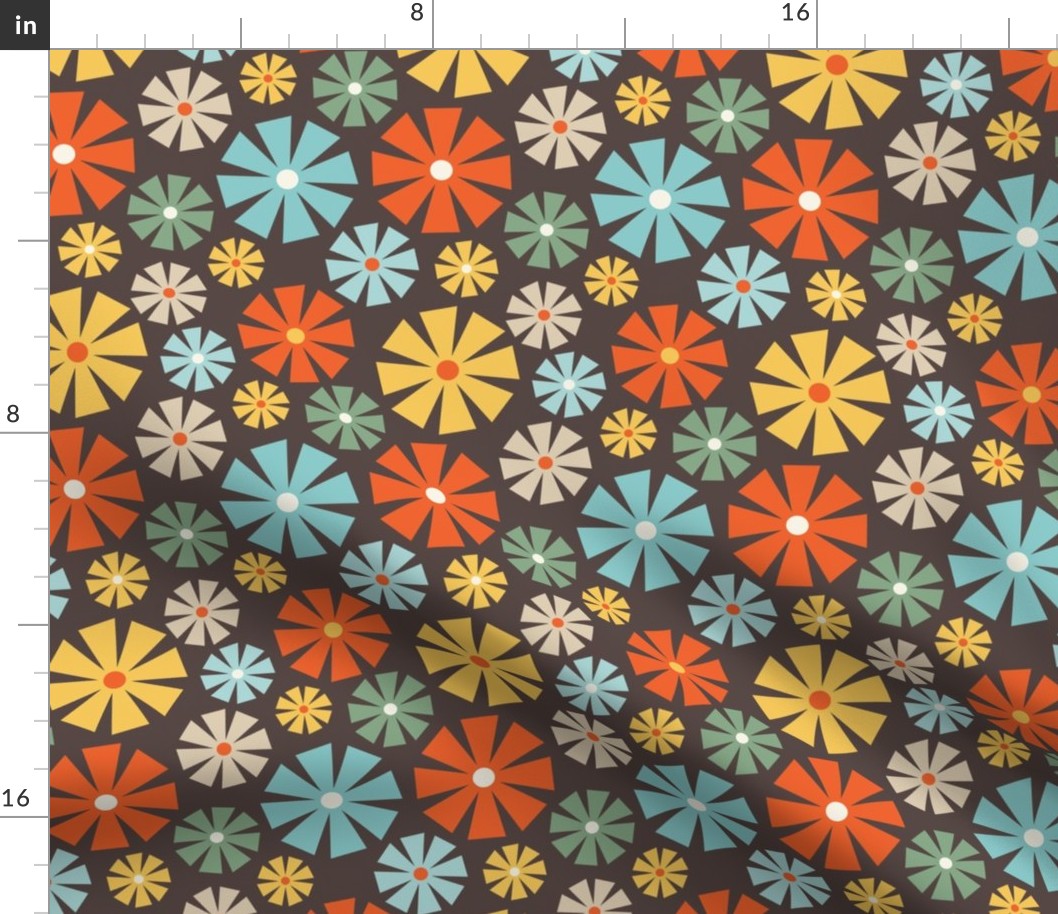 Retro Pinwheel Flowers - Charcoal Brown - Medium