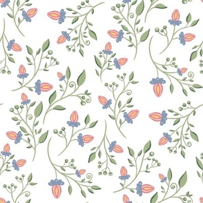 (m) Branches with Leaves and pink Flowers on white - floral vintage print