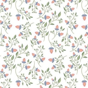 (s) Branches with Leaves and pink Flowers on white - floral vintage print