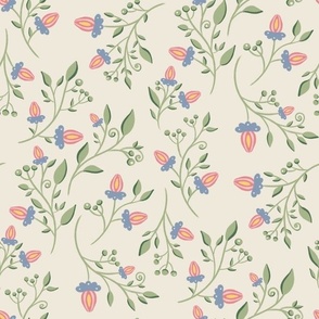 (m) Branches with Leaves and pink Flowers on creamy - floral vintage print