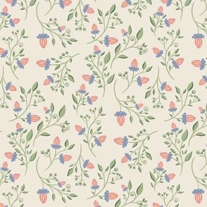 (s) Branches with Leaves and pink Flowers on creamy - floral vintage print