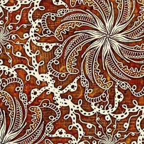 Medium 12” repeat hand drawn white lacy mandalas half drop on mixed media book paper and vintage handwriting background with faux woven texture russet and orange