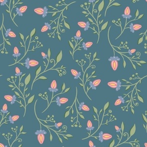 (m) Branches with Leaves and pink Flowers on dark green blue - floral vintage print