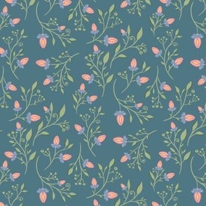 (s) Branches with Leaves and pink Flowers on dark green blue - floral vintage print