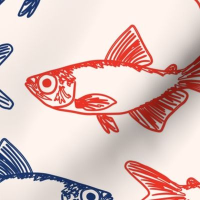 Hand Drawn Sketchy Nautical Fish - (MED) - Red and Blue on Cream