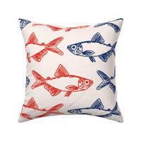 Hand Drawn Sketchy Nautical Fish - (MED) - Red and Blue on Cream