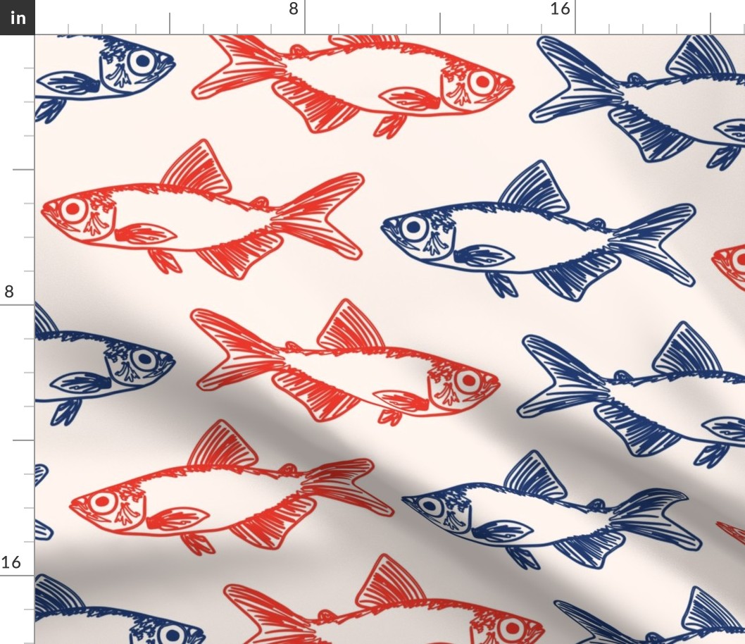 Hand Drawn Sketchy Nautical Fish - (MED) - Red and Blue on Cream