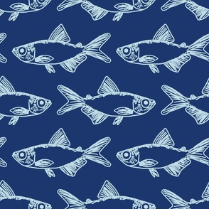 Hand Drawn Sketchy Nautical Fish - (MED) - Light Blue on Navy