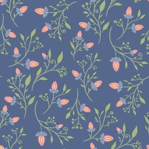(m) Branches with Leaves and pink Flowers on dark navy blue - floral vintage print
