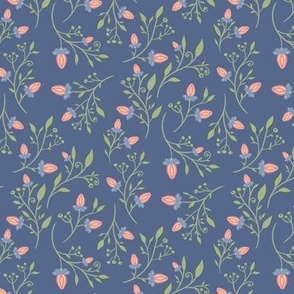 (s) Branches with Leaves and pink Flowers on dark navy blue - floral vintage print