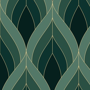 ART DECO BLOSSOMS - HUNT CLUB GREEN TONES WITH GOLD LINES, JUMBO SCALE