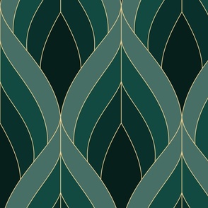 ART DECO BLOSSOMS - RAGING SEA GREEN TONES WITH GOLD LINES, JUMBO SCALE