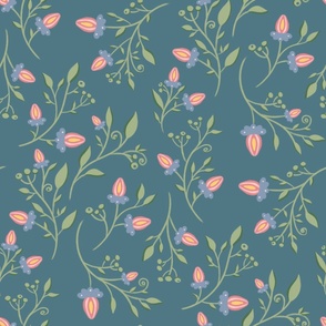 (L) Branches with Leaves and pink Flowers on dark green blue - floral vintage print