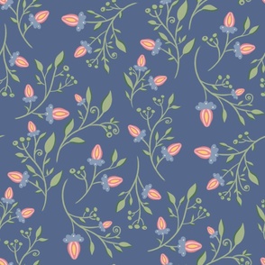 (L) Branches with Leaves and pink Flowers on dark navy blue - floral vintage print