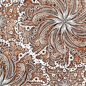 Medium 12” repeat hand drawn white lacy mandalas half drop on mixed media book paper and vintage handwriting background with faux woven texture ochre and desert sand