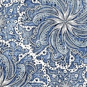 Medium 12” repeat hand drawn white lacy mandalas half drop on mixed media book paper and vintage handwriting background with faux woven texture dusty denim blue