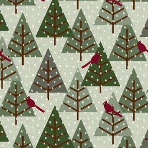 Christmas Trees with Cardinal Birds on Laurel Green Faux Texture with Snowflakes Medium Scale