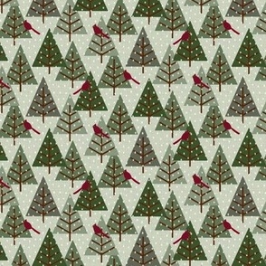 Christmas Trees with Cardinal Birds on Laurel Green Faux Texture with Snowflakes Small Scale