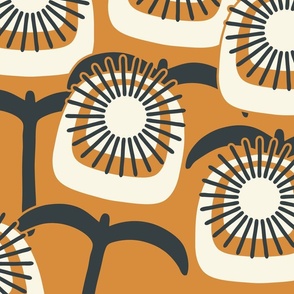 Retro Simplified Pop Folk Florals In Benjamin Moore Mayonnaise Regent Green And Jack O'Lantern In Large Scale