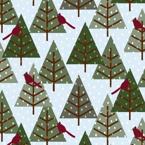 Christmas Trees with Cardinal Birds on Ice Blue with Snowflakes Medium Scale