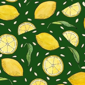 Watercolor Lemons on Green Background