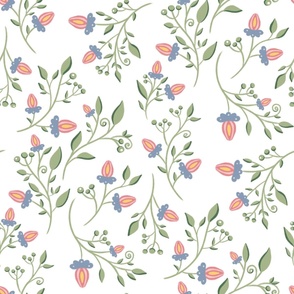(L) Branches with Leaves and pink Flowers on white - floral vintage print