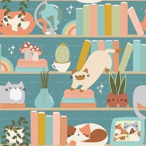 large bookshelf cats / teal